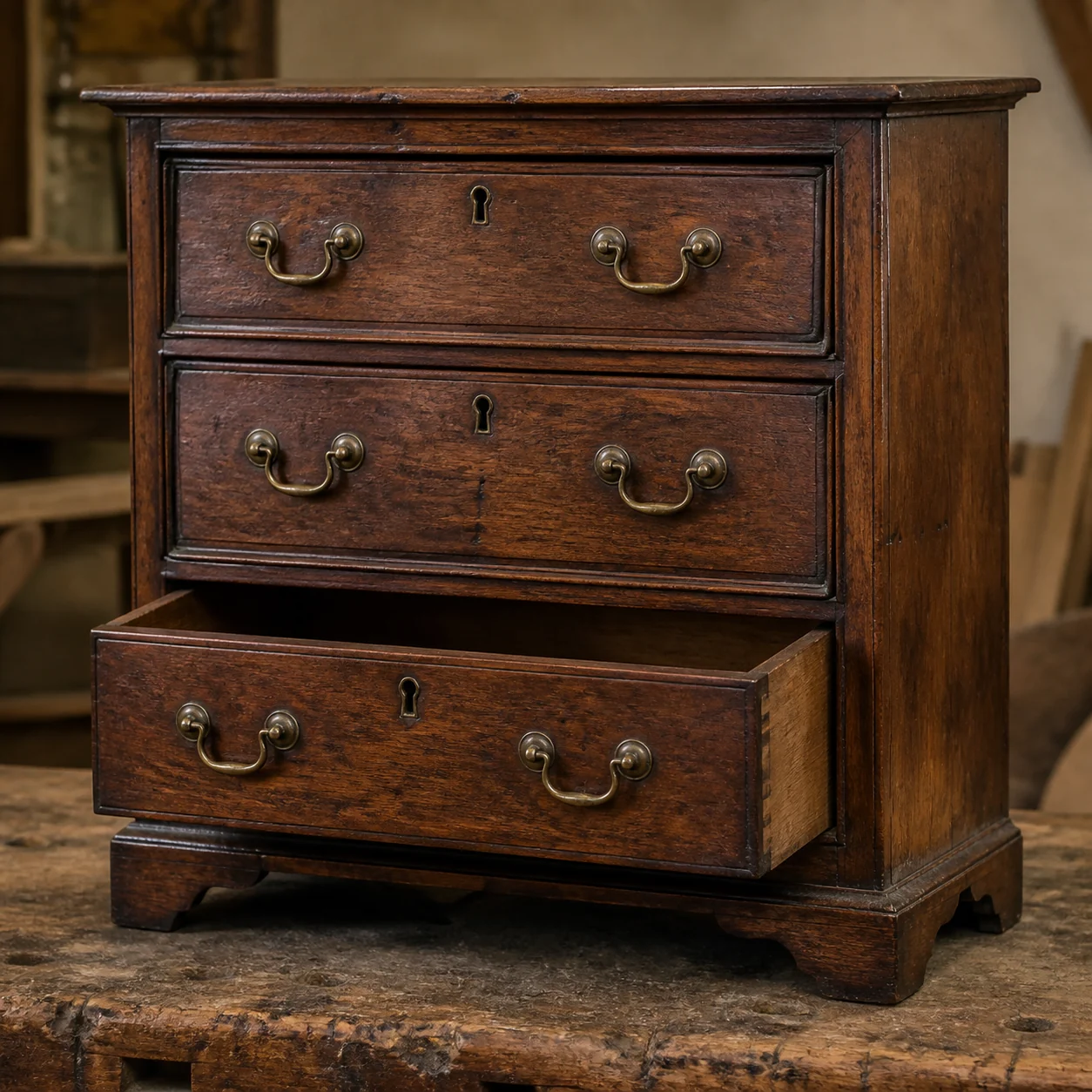 Commode ancienne en noyer avec ferrures en laiton vieilli utilisée comme exemple