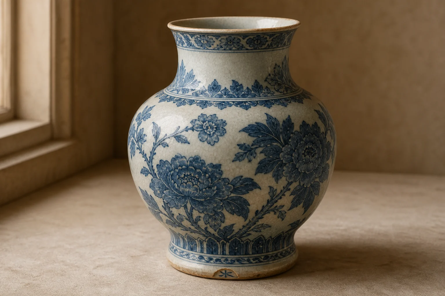 Vase ancien en porcelaine bleue et blanche utilisé comme exemple d’identification