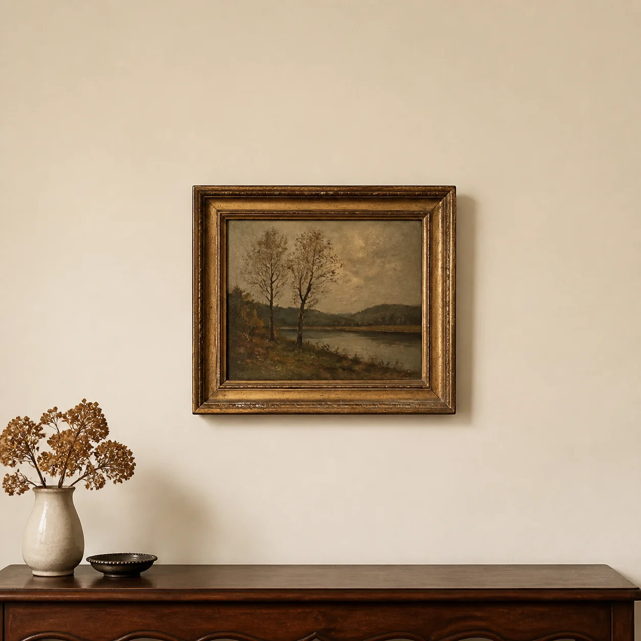 Paysage ancien peint à l’huile et encadré utilisé comme exemple d’étude d’une signature